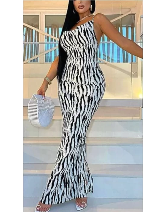 Kadın Kadın Ip Askılı Dökümlü Yaka Zebra Desen Maxi Boy Elbise
