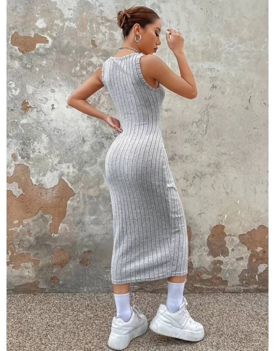 Kadın Kalın Askılı Kare Yaka Fitilli Kaşkorse Midi Boy Elbise
