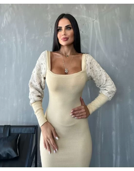 Kadın Kare Yaka Kolları Manşet Ve Tül Detay Fırsat ürün Midi Boy Elbise