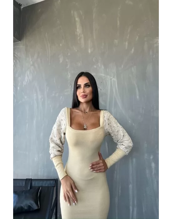 Kadın Kare Yaka Kolları Manşet Ve Tül Detay Fırsat ürün Midi Boy Elbise