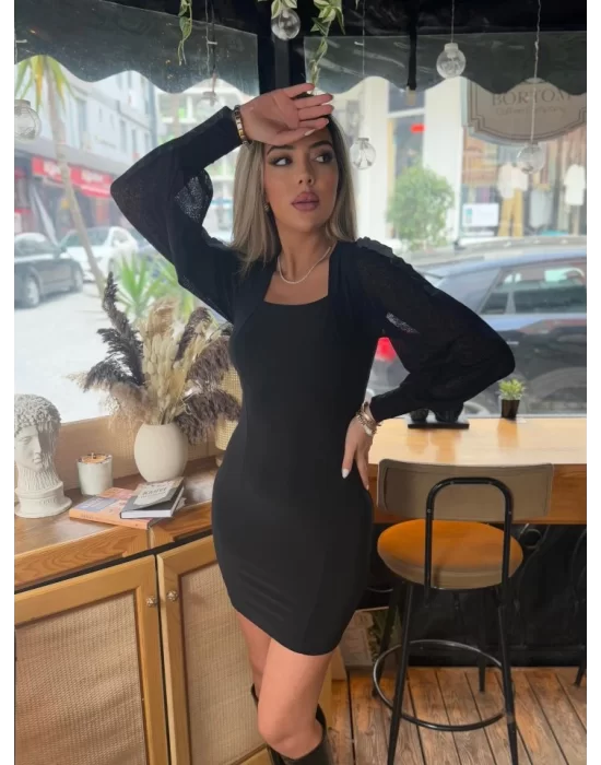 Kadın Kare Yaka Kolları Tül Sandy Kumaş Fırsat ürün Mini Siyah Elbise