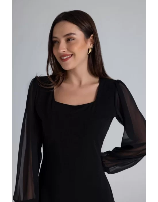 Kadın Kare Yaka Kolları Tül Sandy Kumaş Fırsat ürün Mini Siyah Elbise