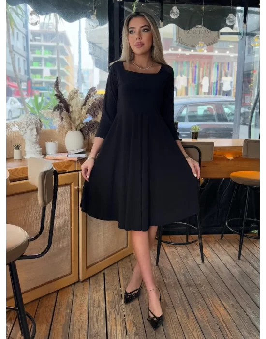 Kadın Kare Yaka Truvakar  Kol Fırsat ürün Midi Boy Elbise
