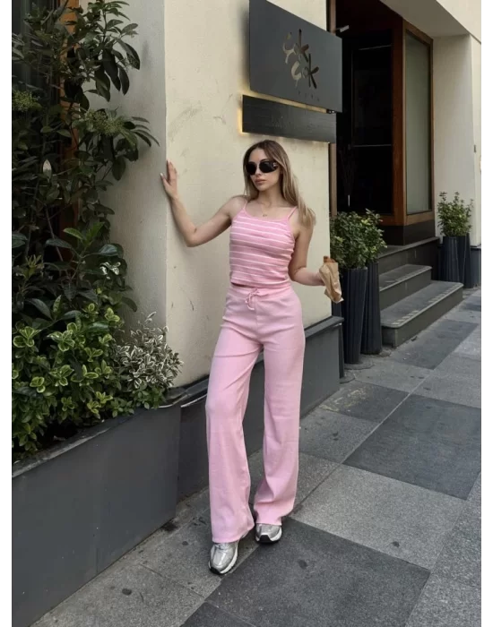 Kadın Kaşkorse Kumaş Askılı çizgili Takım