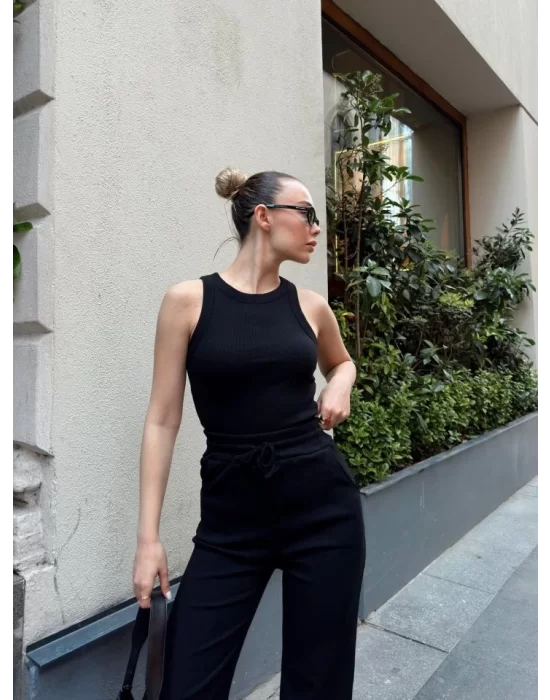 Kadın Kaşkorse Kumaş Atlet Ve Yüksek Bel Bol Paça Pantolon Ikili Takım