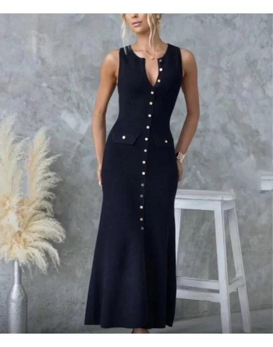 Kadın Kaşkorse Kumaş Düğme Detaylı Kolsuz Maxi Boy Elbise