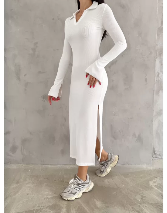 Kadın Kaşkorse Kumaş Polo Yaka Yırtmaç Detaylı Midi Boy Elbise