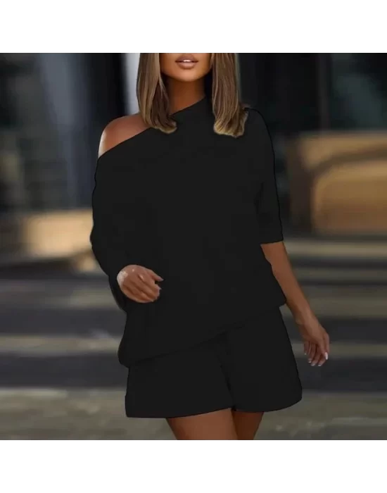 Kadın Kayık Yaka Oversize Asimetrik Bluz Ve şort Iki Iplik Takım