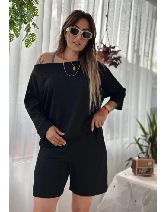 Kadın Kayık Yaka Oversize Asimetrik Bluz Ve şort Iki Iplik Takım