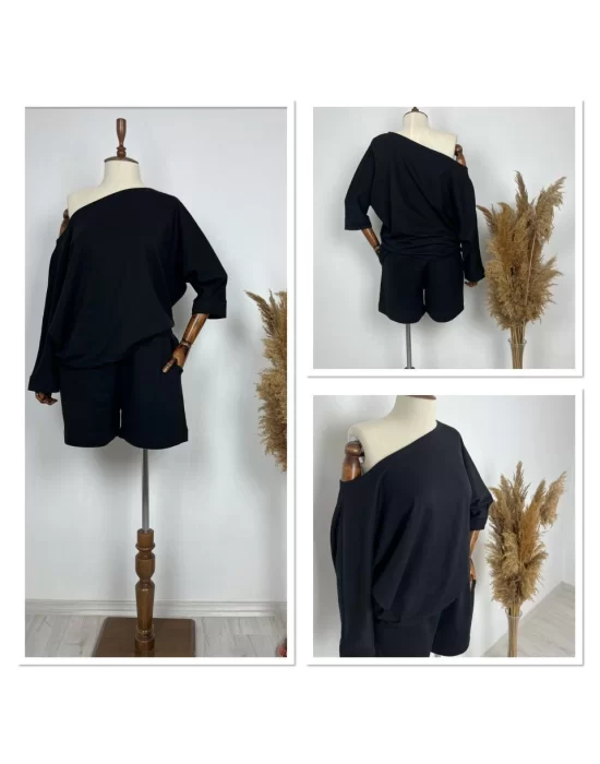Kadın Kayık Yaka Oversize Asimetrik Bluz Ve şort Iki Iplik Takım