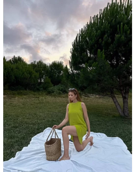 Kadın Keten Kumaş Kolsuz Mini Boy Elbise