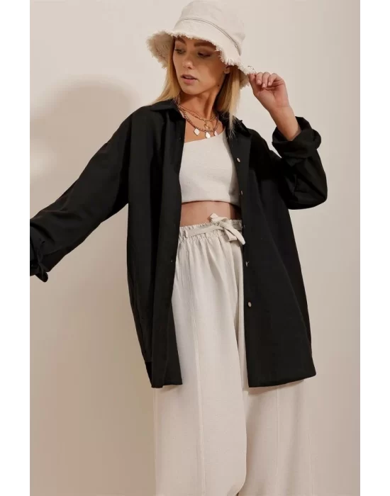 Kadın Keten Kumaş Oversize Gömlek