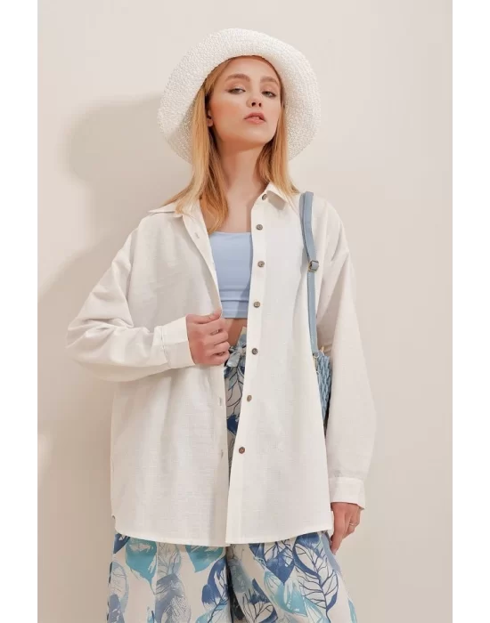 Kadın Keten Kumaş Oversize Gömlek