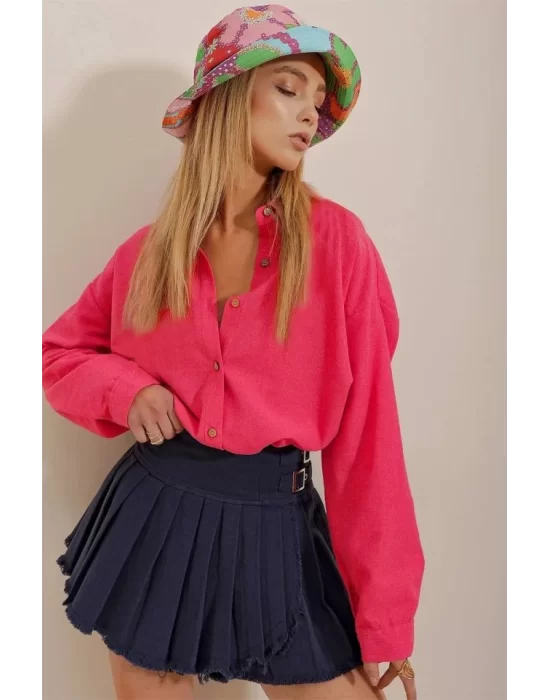 Kadın Keten Kumaş Oversize Gömlek