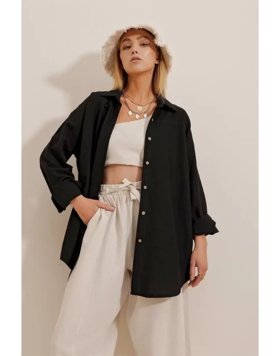 Kadın Keten Kumaş Oversize Gömlek