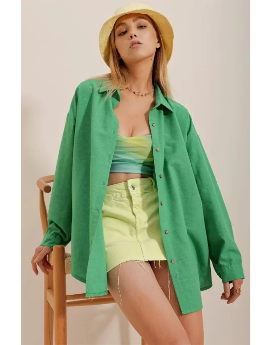 Kadın Keten Kumaş Oversize Gömlek