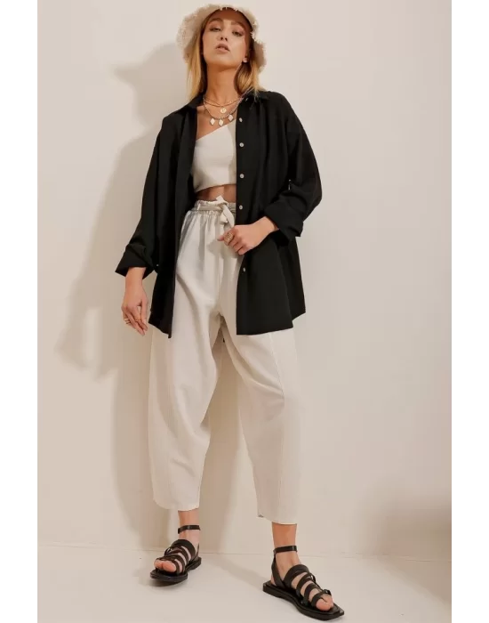 Kadın Keten Kumaş Oversize Gömlek