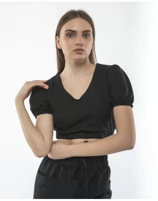 Kadin Keten Pantalon Ve Crop Takım - Siyah