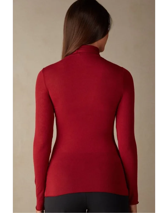 Kadın Kırmızı Balıkçı Yaka Uzun Kol Ipek Jarse Body