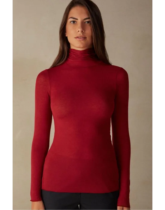 Kadın Kırmızı Balıkçı Yaka Uzun Kol Ipek Jarse Body