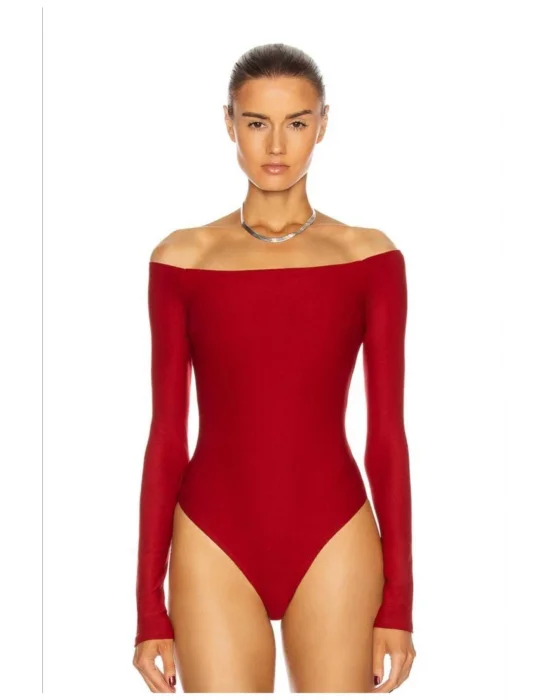 Kadın Kırmızı Madonna Yaka Uzun Kollu Bodysuit