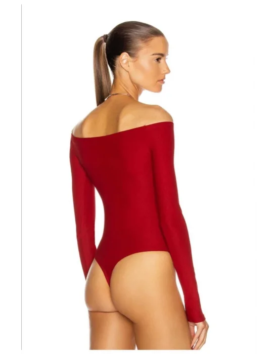 Kadın Kırmızı Madonna Yaka Uzun Kollu Bodysuit