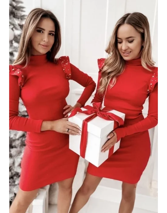 Kadın Kırmızı Uzun Kollu Balıkçı Yaka Omuzlarda Pile Inci Detay Kaşkorse Elbise