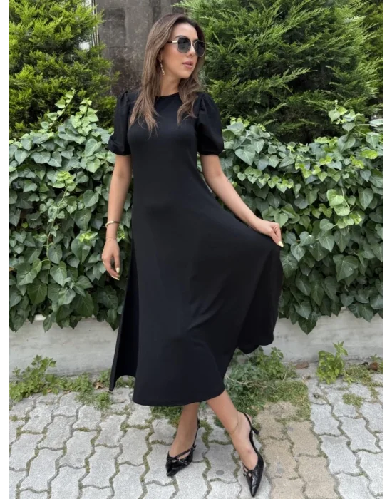 Kadın Kısa Balon Kollu Bisiklet Yaka Geniş Kesim Janjan Krep Elbise