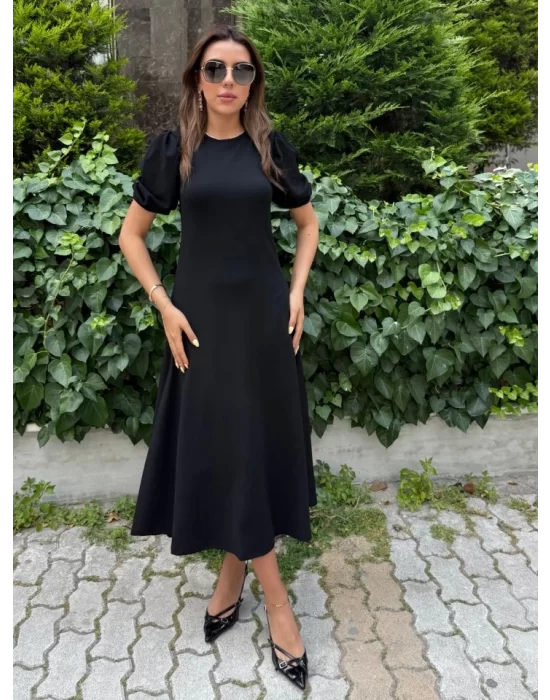 Kadın Kısa Balon Kollu Bisiklet Yaka Geniş Kesim Janjan Krep Elbise