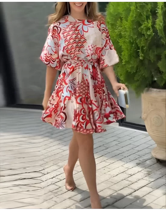 Kadın Kısa Balon Kollu Yuvarlak Yakalı Pileli Desenli Mini Elbise
