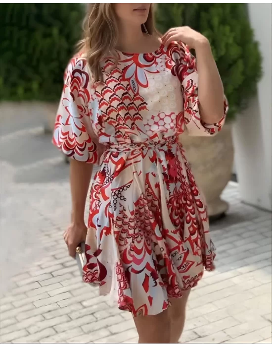 Kadın Kısa Balon Kollu Yuvarlak Yakalı Pileli Desenli Mini Elbise