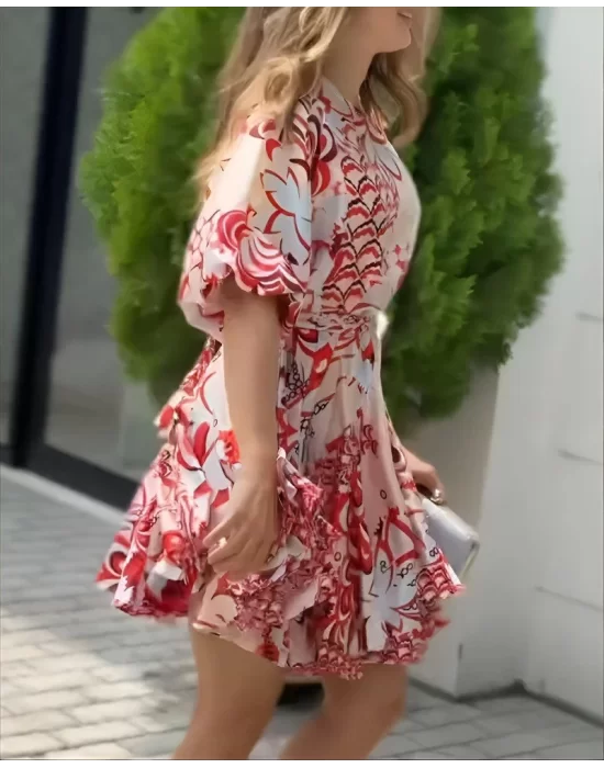 Kadın Kısa Balon Kollu Yuvarlak Yakalı Pileli Desenli Mini Elbise