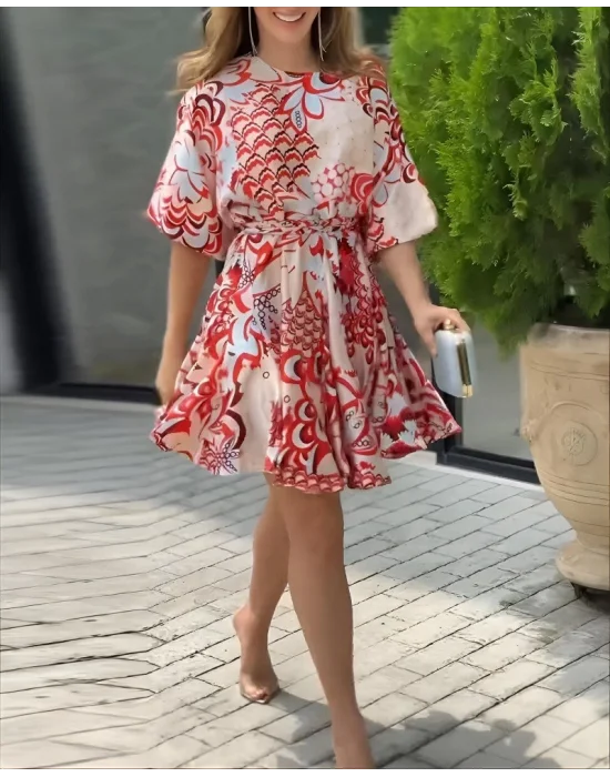 Kadın Kısa Balon Kollu Yuvarlak Yakalı Pileli Desenli Mini Elbise