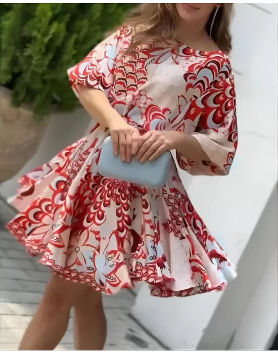 Kadın Kısa Balon Kollu Yuvarlak Yakalı Pileli Desenli Mini Elbise