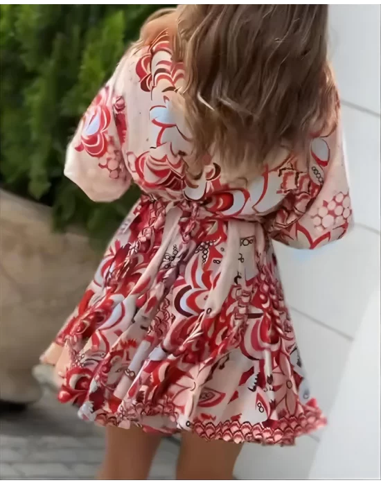 Kadın Kısa Balon Kollu Yuvarlak Yakalı Pileli Desenli Mini Elbise