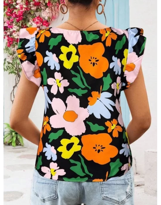 Kadın Kısa Fırfır Kollu Kare Yaka çiçek Desenli Ithal Keten Bluz