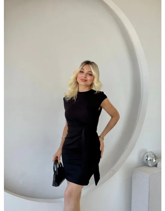 Kadın Kısa Kap Kollu Bisiklet Yaka Belden Bağlamalı Modal Mini Elbise