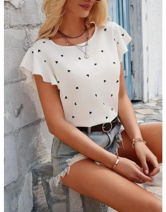 Kadın Kısa Kelebek Kollu Bisiklet Yaka Kalp Desenli Süprem Bluz