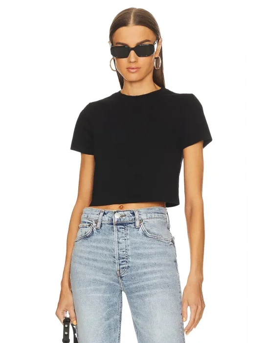 Kadın Kısa Kol Basic Çift Kat İpek Jarse Crop Top