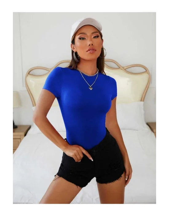 MetuCa Kadın Saks Mavisi Bisiklet Yaka Kısa Kollu Jarse Kumaş Bodysuit Zıbın