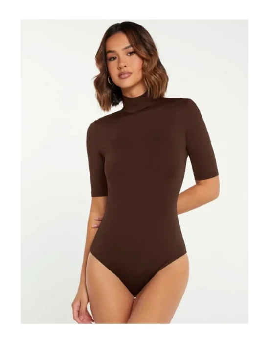 MetuCa Kadın Kahverengi Balıkçı Yaka Kısa Kollu Jarse Kumaş Vücudu Saran Bodysuit Zıbın
