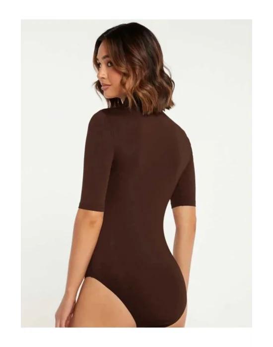 MetuCa Kadın Kahverengi Balıkçı Yaka Kısa Kollu Jarse Kumaş Vücudu Saran Bodysuit Zıbın