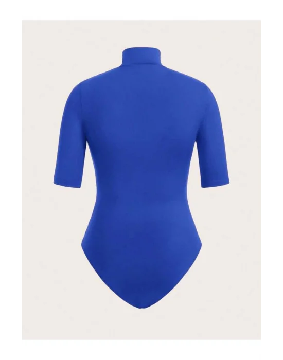 MetuCa Kadın Mavi Balıkçı Yaka Kısa Kollu Jarse Kumaş Vücudu Saran Tanga Kesim Bodysuit Zıbın