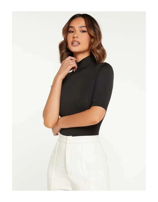 MetuCa Kadın Siyah Balıkçı Yaka Kısa Kollu Jarse Kumaş Vücudu Saran Tanga Kesim Bodysuit Zıbın