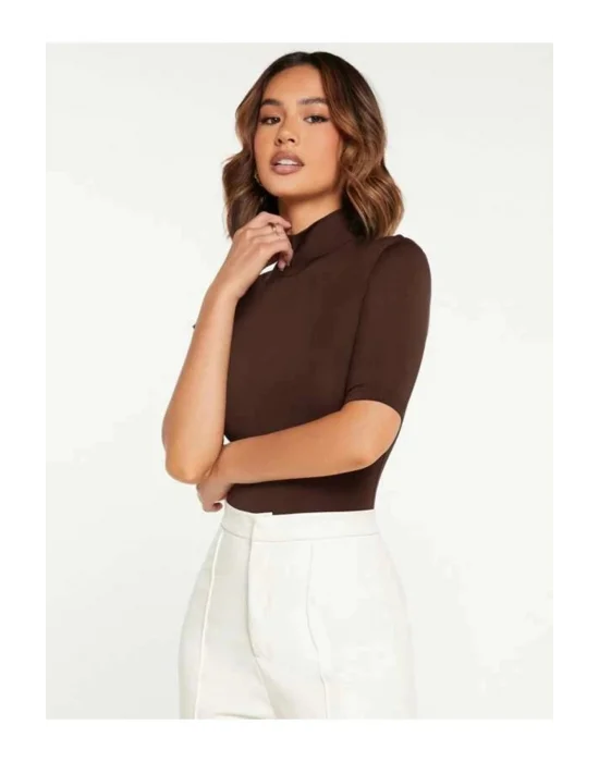 MetuCa Kadın Kahverengi Balıkçı Yaka Kısa Kollu Jarse Kumaş Vücudu Saran Bodysuit Zıbın