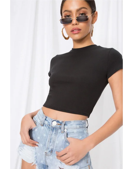 Kadın Kısa Kol Ipek Jarse Crop Top