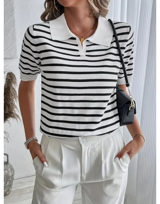 Kadın Kısa Kol Polo Yaka çizgi Desen Triko Bluz