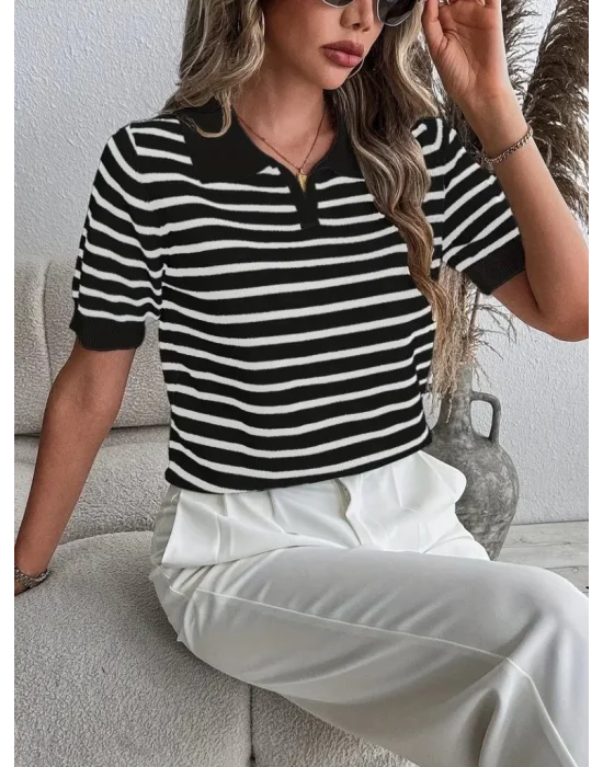Kadın Kısa Kol Polo Yaka çizgi Desen Triko Bluz