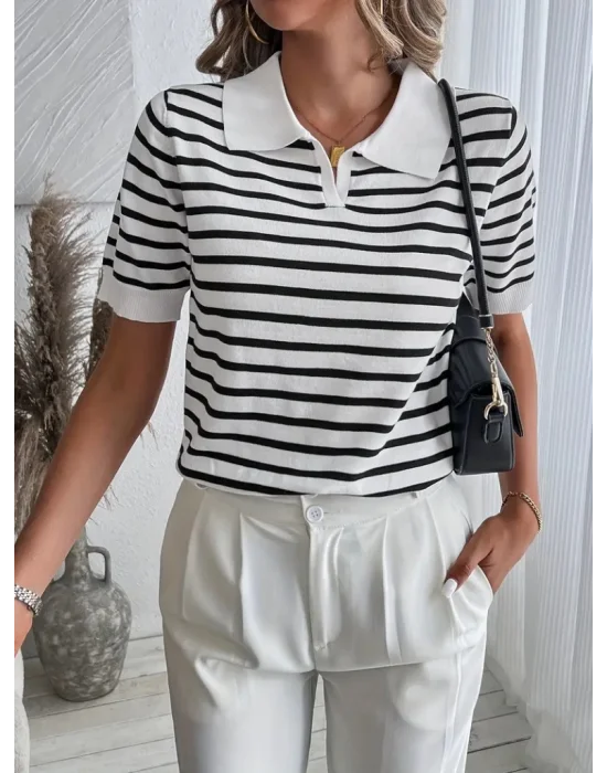 Kadın Kısa Kol Polo Yaka çizgi Desen Triko Bluz