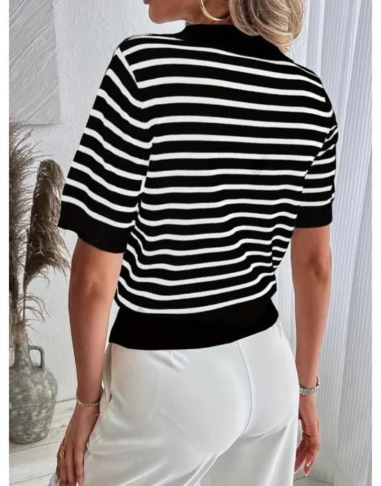 Kadın Kısa Kol Polo Yaka çizgi Desen Triko Bluz